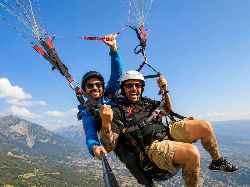 Two paragliders smiling mid-flight above Vlora valley with mountains and blue sky
